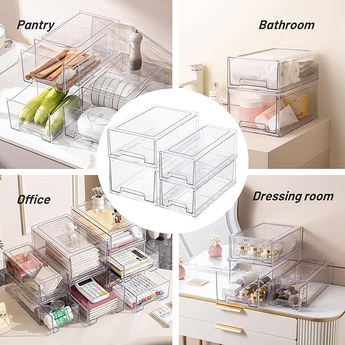 2 Pack Stackable Pull-Out Storage Drawers,Plastic Clear Organizer Bins with Handles,Easily Clean for Craft,and Toy Organization,Kitchen,Undersink,Cabinet,Fridge,Closet,Pantry,Office,Bathroom