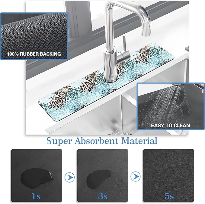 Faucet Mat Splash Guard Colorful Rain Drop, Soft Diatom Mud Material, Strong Water Absorption, Non-slip,Easy to Clean for Bathroom, Kitchen 23.5"X5.5"
