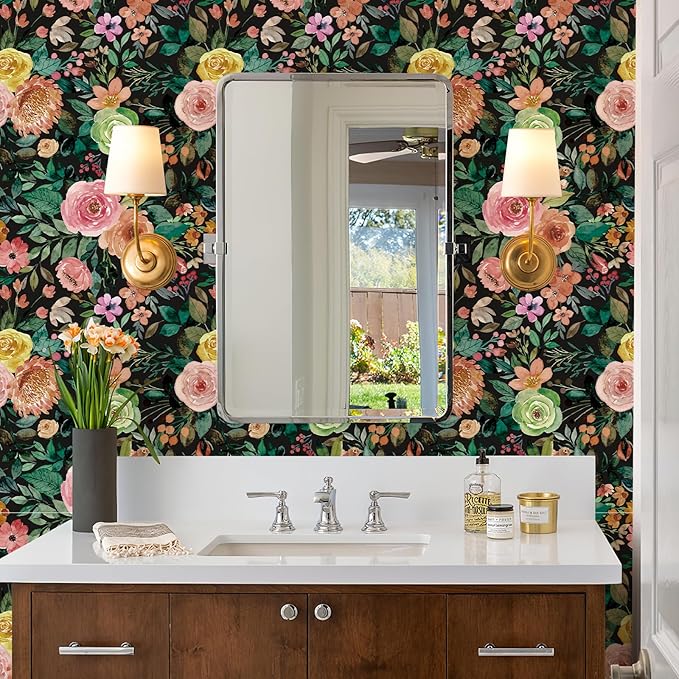 JiffDiff Floral Pattern Self-Adhesive Contact Paper, Oil and Water Resistant Drawer Liner Wallpaper for Dresser, Kitchen Cabinets, Dollhouse Walls, Arts & Crafts Decal(17.7" x 118.11",Black)