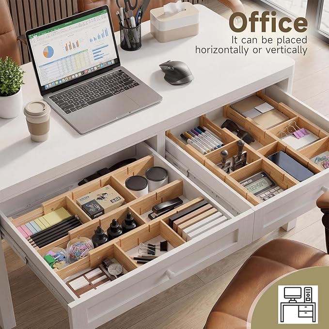 Kitchen Drawer Organizer, Expandable Bamboo Drawer Divider, Include 8 Dividers, 8 Small Inserts and 8 Medium Inserts for Home, Office, Dressers (Long-8 Dividers)