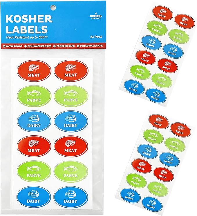 Assorted Kosher Labels, (24 Pack) 8 Blue Dairy, 8 Red Meat, 8 Green Stickers, Oven Proof up to 500°, Freezable, Microwavable, Dishwasher, English, Coded Kosher Kitchen Tools (24-Pack)