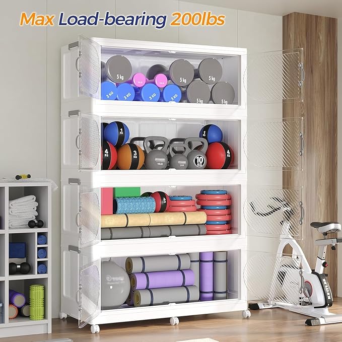 720QT Extra Large Stackable Storage Bins with Lid & Wheels & Doors, 180Gal Foldable Collapsible Closet Organizers, Plastic Cabinet Box Container Drawer for Home Kitchen Bedroom, 3Pack White