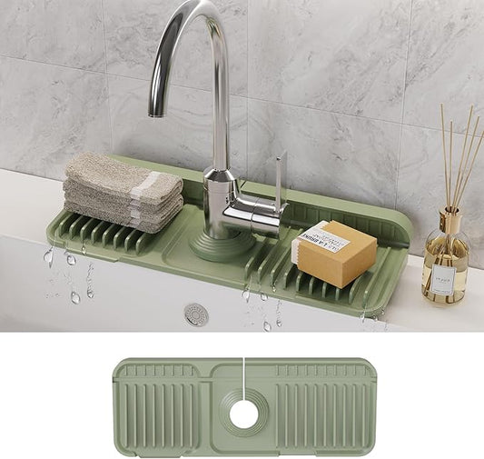 WAFT YEARN 14X5 Inch Silicone Durable Faucet Mat Kitchen Sink Splash Guard Draining Protector Tray Liner Absorbent Protective Counter Accessories For Sink Kitchen Bathroom Laundry Room Bar & RV Green