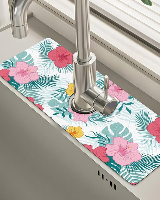 Patterned Sink Faucet Mat Kitchen Splash Guard Super Absorbent Drying Mat, Non-Slip Drain Pad for Kitchen Counter or Bathroom-15x5.5in