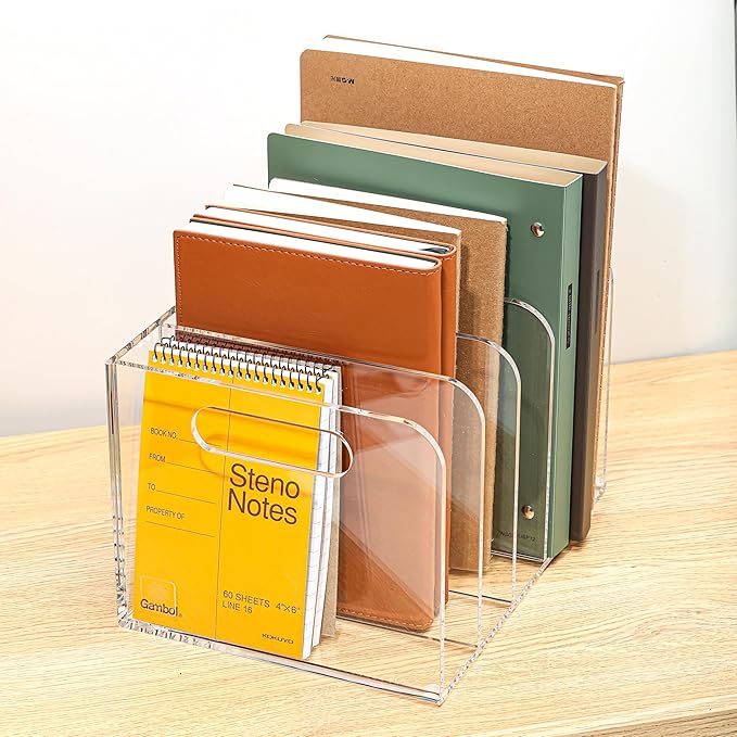 4 Vertical Compartments Clear Acrylic Magazine & File Holder – Multipurpose Desk Organizer for Office, Tablets, Magazines, Books – Documents/Home/Classroom Rack