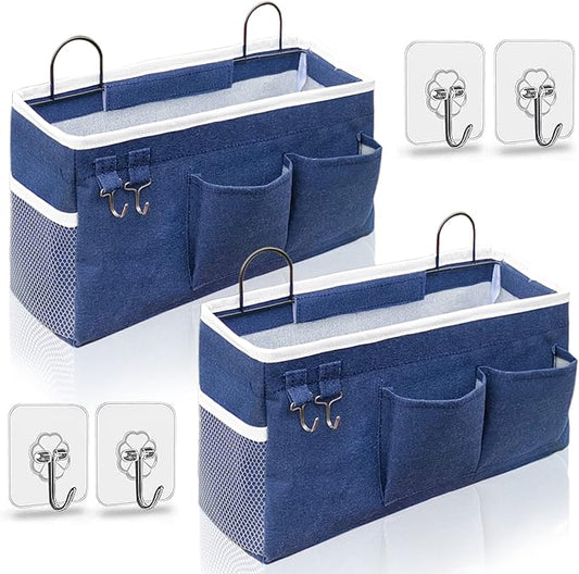 2pcs Large Wall Hanging Organizer Bag, Linen Fabric Door Hanging Storage Baskets with Pockets, Waterproof Bin for Kitchen, Bedroom, Office, RV Camper (Blue)