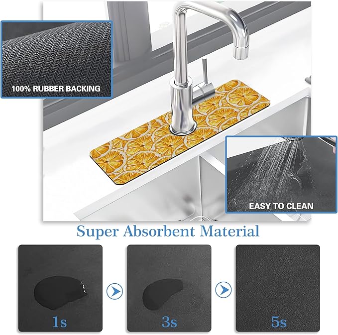 Yellow Fruit Lemon Faucet Mat Splash Guard Yellow Fruit Lemon, Soft Diatom Mud Material, Strong Water Absorption, Non-slip,Easy to Clean for Bathroom, Kitchen 15"X5.5"
