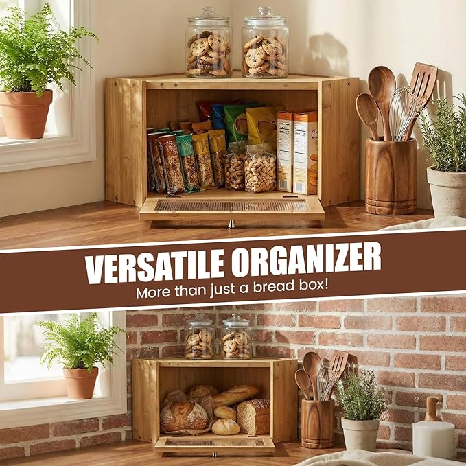 Corner Bread Box for Kitchen Countertop Bamboo Bread Boxes Large Capacity Corner Counter Breadbox Vintage Breads Storage Container with Arcylic Door Breadbox Under Cabinet Mount for Kitchen