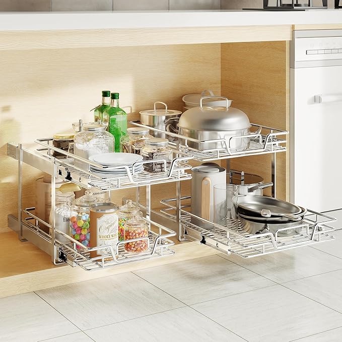 2pαck 2-Tier Kitchen Cabinet Pull Out Shelf and Drawer Organizer Slide Out Pantry Storaqe Basket in Multiple Sizes (18" W x 21" D)