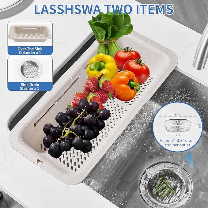LASSHSWA Collapsible Colander and Strainer for Kitchen, Over the Sink Strainer Basket for Kitchen, Fruit Pasta Food Strainer Expandable Plastic Colander (Straw)