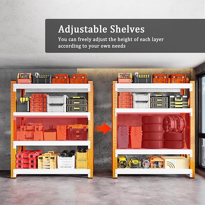 42" W Garage Shelving 3000LBS Garage Shelving Heavy Duty 4-Tier Metal Storage Shelves Adjustable Shelf Unit Storage Rack for Basement Supermarket Warehouse 42" W x 20" D x 78" H Orange-White