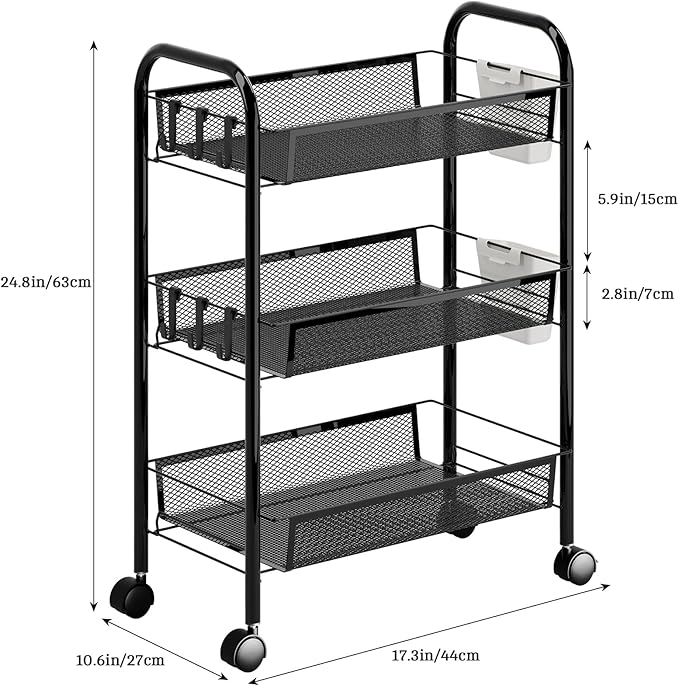 Fruit Vegetable Basket Storage Cart 5 Tier Stackable Metal Mesh Basket with 360 Degree Wheels 41 Inch High Kitchen Storage Snack Cart Pantry Bathroom Cart (Black 3-Layers)