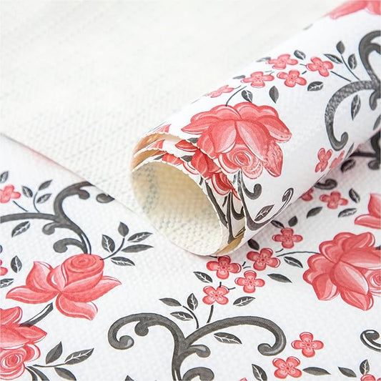 FIFTY FEET 18X96 Inch Shelf Liner for Kitchen Cabinets, PVC Drawer Liner for Dresser Non-Slip Bathroom, Non-Adhesive Cabinet Liner Washable (Red Floral)(1 Roll)