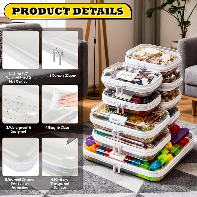 9 Pack Clear Hard Shell Zipper Case,Waterproof Toiletry Cosmetic Bag,Toy Organizers and Storage Box,Diaper Bag Organizer,Pencil Case,Clear Plastic Zipper Pouches for Office Home Storage(L,2S,6Mini)