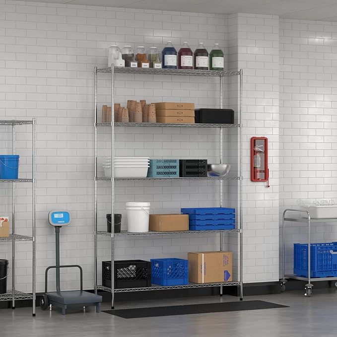 Commercial NSF Listed Chrome Stationary Wire Shelving Kit 18" x 60" x 96", with 5 Shelves Perfect for Warehouse, Walk-in Refrigerator, Freezer, Grocery Store, Restaurant, Dishroom