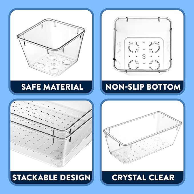 Drawer Organizer Set - Includes 3-piece 9x6" bins, 6-piece 9x3" bins, 8-piece 6x3" Bins, 8-piece 3x3" Bins, Stackable 4 Size Storage Trays for Makeup, Kitchen, and Office, Pack of 25