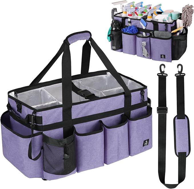 Timoxi Extra large Cleaning Caddy Bag Built-in Sturdy Support Board, Cleaning Organizer with Detachable Divider, Cleaning Supply Tote with Adjustable Shoulder Strap (Purple, 19'' x 11'' x 11'')