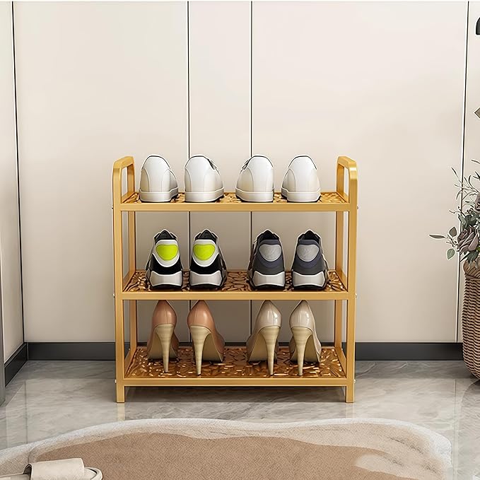 3 Tier Metal Shoe Rack Organizer Vertical Design Entryway Storage Cabinet for Entrance or Kitchen Small and Narrow Free Standing Gold