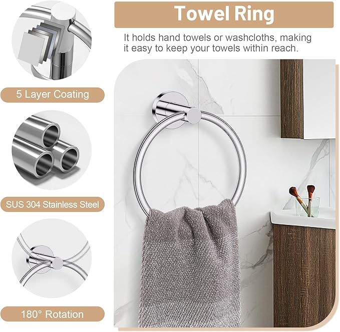 Polished Chrome Bathroom Hardware Set, 4-Piece Towel Holder Set Include Double Bases Toilet Paper Holder,Towel Ring and 2 Towel Hooks Stainless Steel Wall Mounted Bathroom Hardware Accessories Set