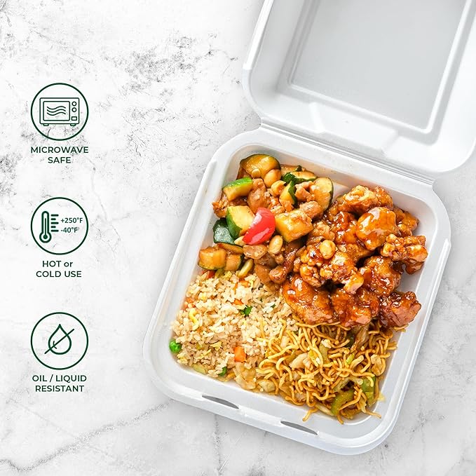 Freshware Clamshell Food Containers with Lids [8x8" 100-Pack] Disposable To Go Containers, Biodegradable Sugarcane To Go Boxes - Paper Container - Microwave & Freezer Safe, Stackable