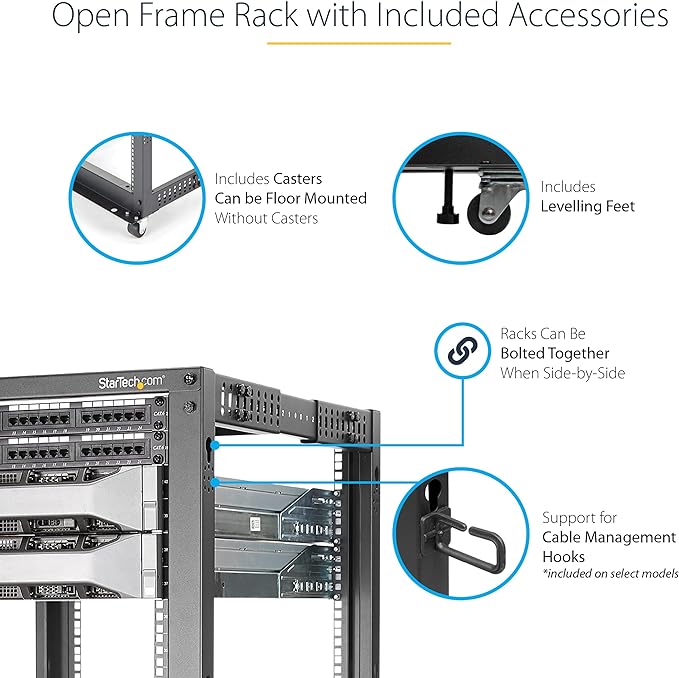 StarTech.com 4-Post 18U Mobile Open Frame Server Rack, 19in Network Rack with Wheels, Rolling Rack for Computer/AV/Data/IT Equipment - Casters, Leveling Feet or Floor Mounting (4POSTRACK18U)