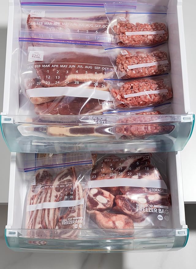 Bulk 2 Gallon Freezer Bags, 210 Count with Expandable Bottom and New Calendar Feature, Easy Fill (6 Boxes of 35)