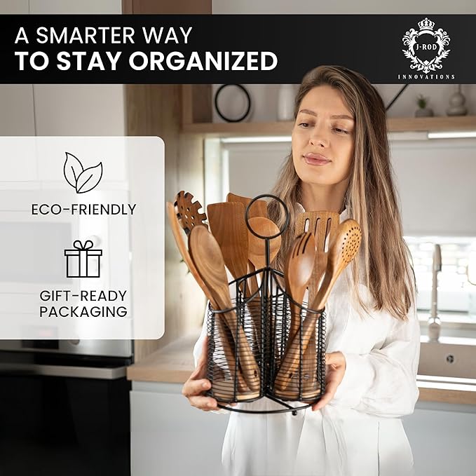 360° Rotating Utensil Holder with 9-Piece Acacia Wood Utensil Set - 100% Plastic-Free Kitchen Organizer - Large 3 Compartment Metal Countertop Crock for Spatulas & Cooking Tools (Black)
