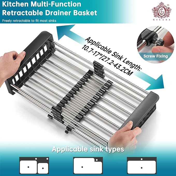Over The Sink Dish Drying Rack Black, Stainless Steel Drainer Drying Basket for Kitchen Sink Retractable Sink Dish Drying Rack Expandable Organizer for Dishes, Vegetables, and Fruit