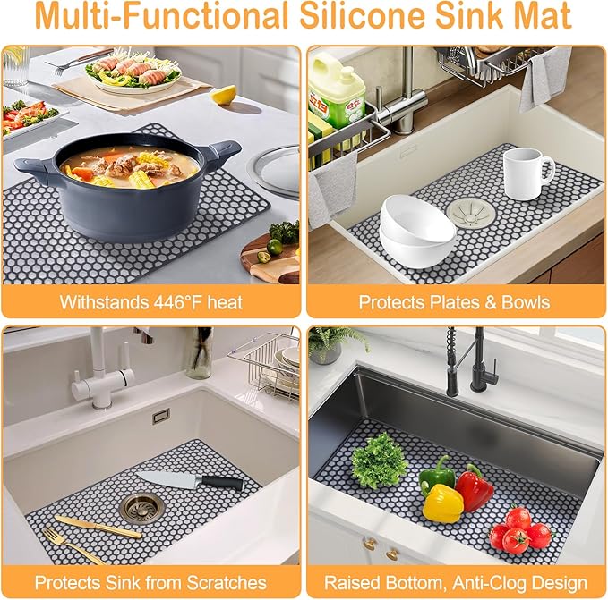 Myirxcv Sink Protectors for Kitchen Sink, 24.8"x 13" Farmhouse Kitchen Sink Protector Grid, Silicone Mat for Farmhouse Stainless Steel Porcelain Sink（Center Drain）