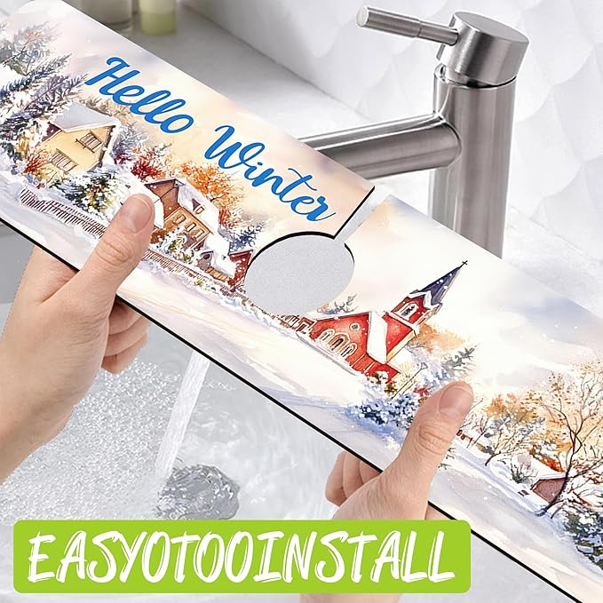 Chrismas Sink Faucet Absorbing Mat Hello Winter Sink Splash Guard Drying Mat for Kitchen Bathroom Faucet Sinkmat 23.5"X5.5"