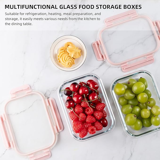10 Pack 22 oz Glass Meal Prep Containers, Food Storage Containers with Lids, Airtight Leakproof Lunch Containers for Kitchen, Freezer, Microwave, Dishwasher Safe (Pink)