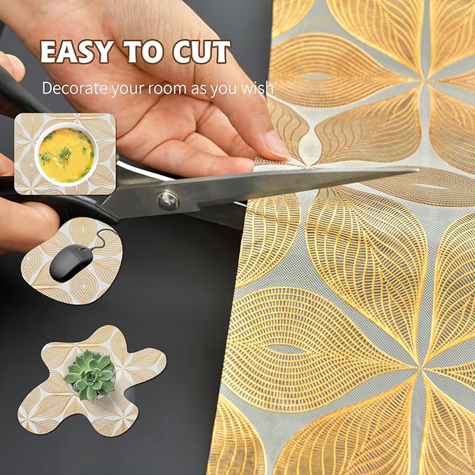 Drawer and Shelf Liner for Kitchen Cabinet,Non-Adhesive Waterproof Drawer Liner for Dresser & Bathroom Vanities with Adhesive Dots & Cutting Tool(18 in X 30 Ft Gold Leaf Pattern)