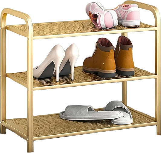 3 Tier Metal Shoe Rack Organizer Vertical Design Entryway Storage Cabinet for Entrance or Kitchen Small and Narrow Free Standing Gold