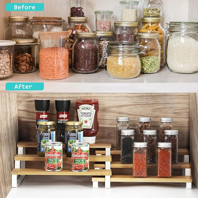 2 Pack Expandable Spice Rack Organizer for Cabinet – 3 Tier Wood & Metal Shelf Spice Rack, Adjustable Seasoning Organizer for Kitchen Counter, Pantry or Bathroom Storage, White Frame