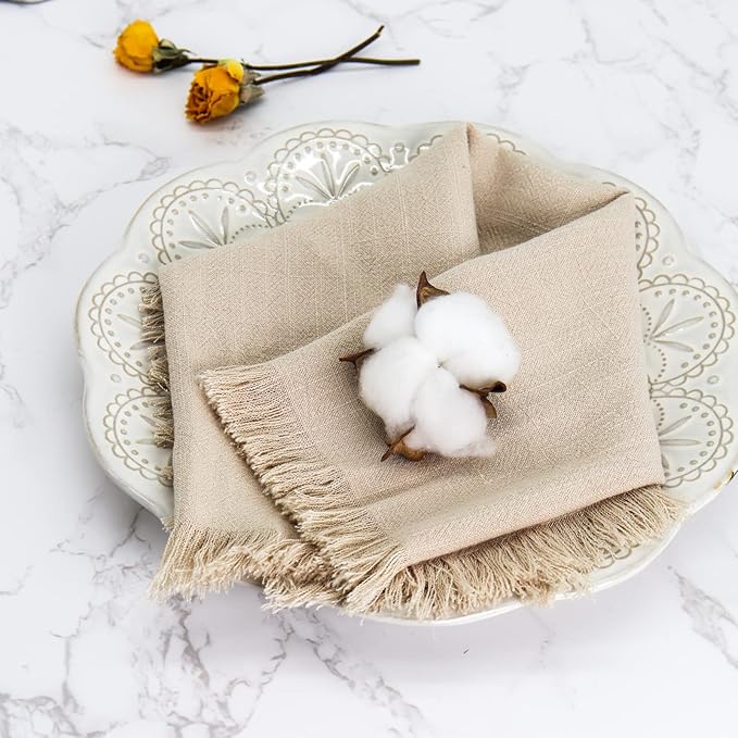 Handmade Cloth Napkins with Fringe,18 x 18 Inches Cotton Linen Napkins Set of 4 Versatile Handmade Square Rustic Fringe Napkins for Dinner, Wedding and Parties, Beige