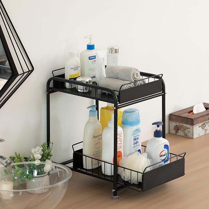 Basicwise Under Sink Organizer Sliding Wire Baskets Adjustable 2-Tier Metal Storage Rack for Bathroom Kitchen or Utility Cabinets Pull-Out Shelf for Cleaning Supplies & Pantry Essentials, Set of 2