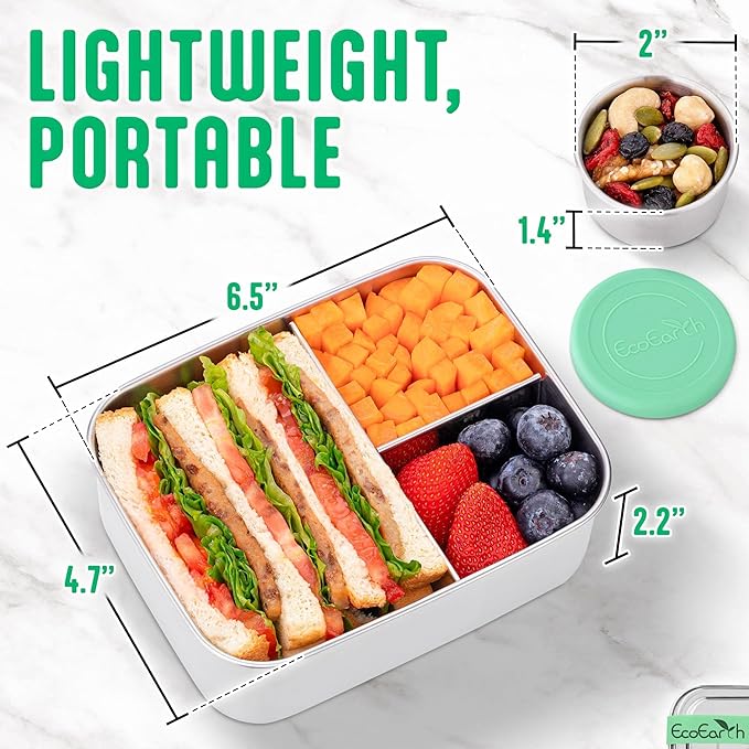 EcoEarth Stainless Steel Bento Box - 27 oz - Leakproof Metal Lunch Boxes for Adults with 3 Compartments - Small Tin Food Containers with Condiment Cups - Snack Box for Work - Green