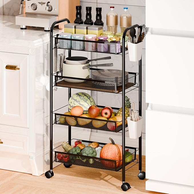 Snack Cart with Wheels Fruit Vegetable Basket Storage Cart 4 Tier Stackable Metal Basket with 360 Degree Wheels 41 Inch High Kitchen Storage Pantry Bathroom (Black 4-Layers)
