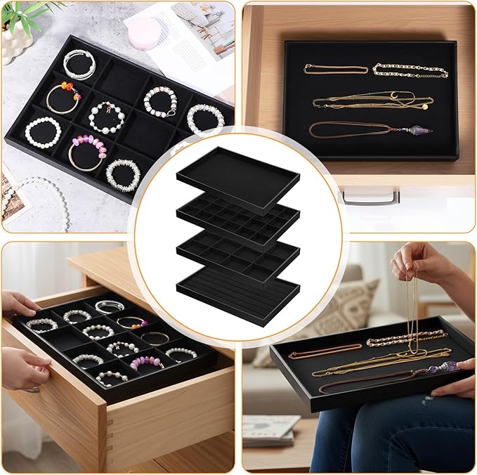 4Pcs Jewelry Organizer Trays, Stackable Velvet Jewelry Trays, Drawer Insert Divider Jewel Display Storage with Removable Dividers, Divided Storage for Earring Necklace Rings Bracelet