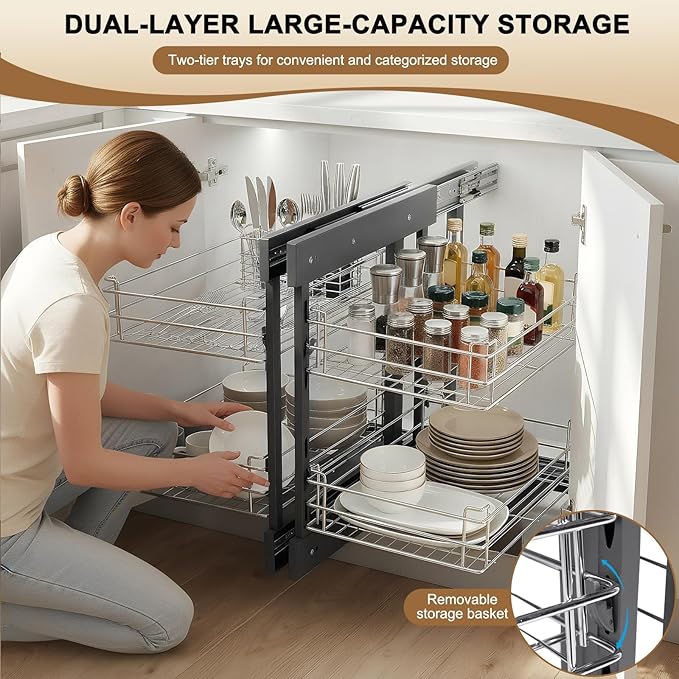 2 Tier Blind Corner Cabinet Pull Out Organizer Shelves L 24.8in H 18.5in W 13in Left Open & Right Open Compatible Kitchen Corner Cabinet Organizer 4 Shelves for Kitchen Or Bathroom