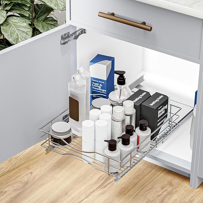 Home Zone Living Pull Out Kitchen Cabinet Organizer with Slide Out Drawer for Space Saving Storage, 17” W x 21” L