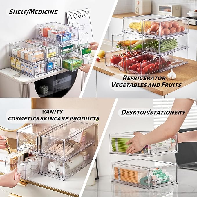 PiJeyiee 2 Pack Clear Stackable Refrigerator Organizers and Storage Drawers - Pull-Out Fridge Bins with Anti-Slip Base & Easy Clean, Plastic Organizers for Kitchen Pantry Cabinet Closet (Large)