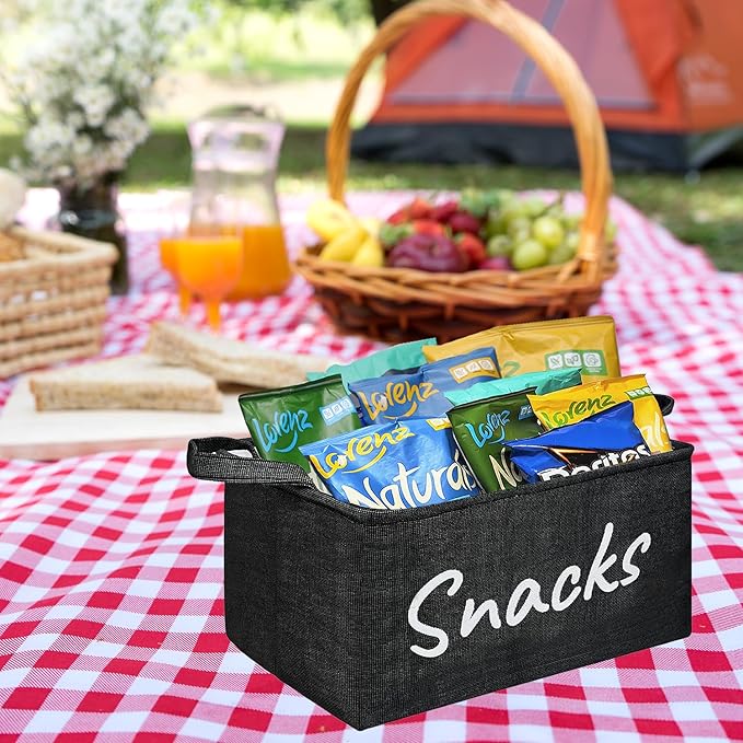 2PCS Snack Bin for Pantry - Snack Storage Basket Organizer for Storing Chips, Cookies, Pretzels , Popcorn and more - Kitchen Organization (Black&White)