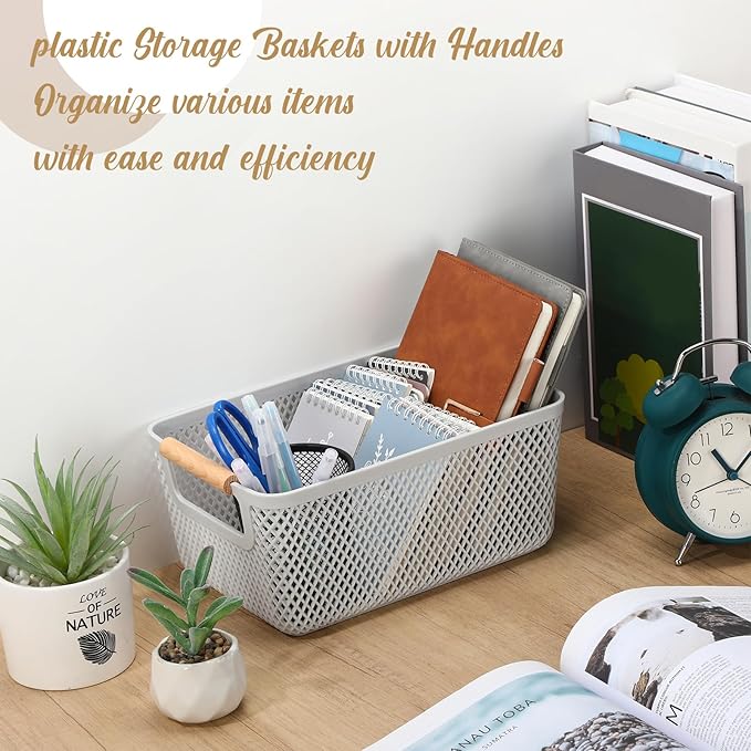 4 Pcs Plastic Mesh Baskets with Handles - Mesh Storage Organizer Bin Container Baskets for Home Organizing Pantry Closet Cabinet Kitchen Fridge Fruit Snacks Gifts, Grey(Small)