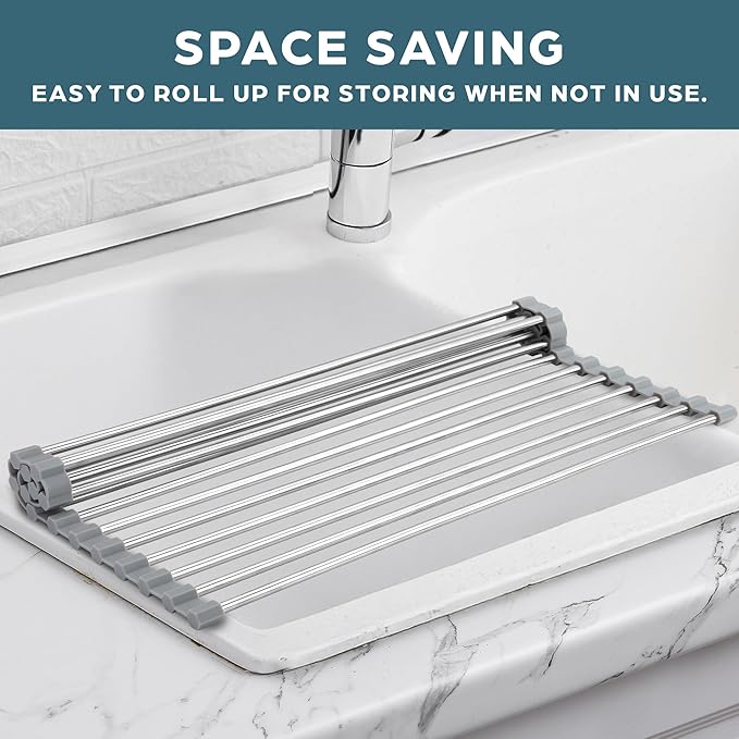 Zulay Kitchen 17.5” x 12” Roll Up Dish Drying Rack - Stainless Steel Over Sink Dish Drying Rack - Multipurpose Foldable Sink Rack for Kitchen Counter - Non-Slip, Heavy-Duty Drying Rack (Gray)