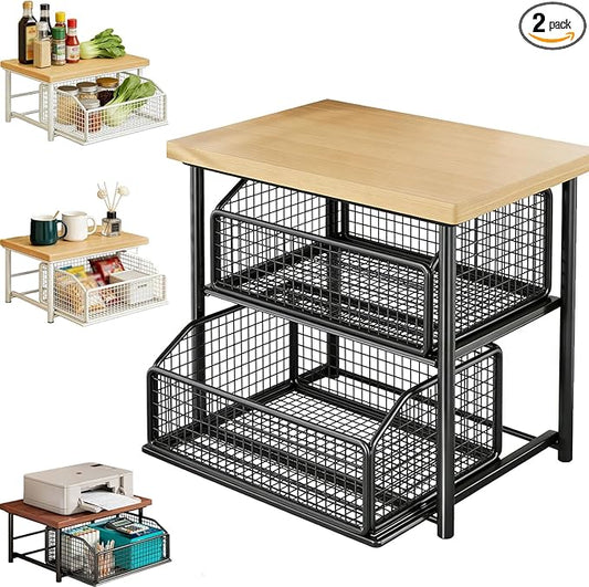 Kitchen Countertop Organizer with Drawer and Wire Basket, 2-Tier Hardwood Shelf for Microwave, Sturdy Hardwood Shelf, Space-Saving, for Storage in Family Tables, Kitchens, Bedroom Home (2, A-3)