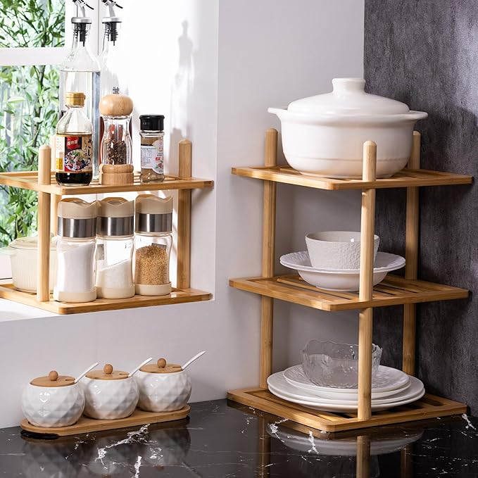 2Pcs 2-Tier Cabinet Organizer Shelf - Bamboo Corner Rack for Kitchen Counter, Cabinet Space Saver for Plates, Dishes, Bowls, Bread - Pantry and Bathroom Storage or Countertop (2, 6.7"H-Large)