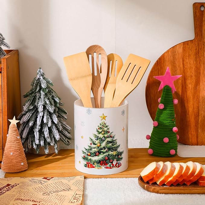 WILLBOND Christmas Tree Kitchen Decor Acrylic Kitchen Utensil Holder Crock Spoon Organizer for Countertop Table Decor Coffee Spoon Holder Jar for Cooking Tools