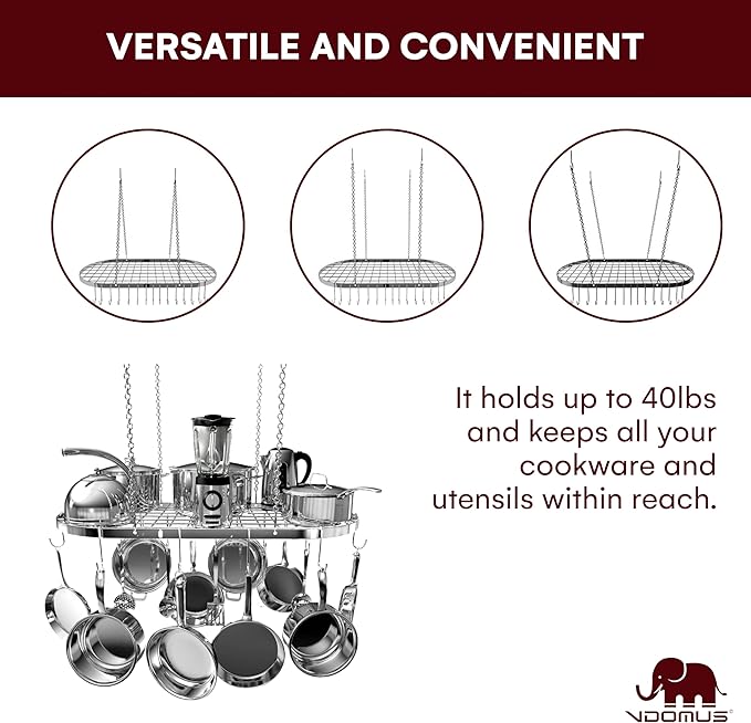 Vdomus Hanging Pot Rack - Ceiling Mount Kitchen Organizer for Pots and Pans with 15 Hooks - 33 x 17 Inches Heavy-Duty, Durable and Space-Saving Pan Holder - Silver