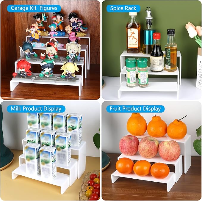 ELEGANTLIFE Acrylic Display Risers Set of 4, 4-Level Tiered Display Stands for Cupcakes, Small Figures & Jewelry, Compact Countertop Display Shelf, Multiple Colors Available (White)